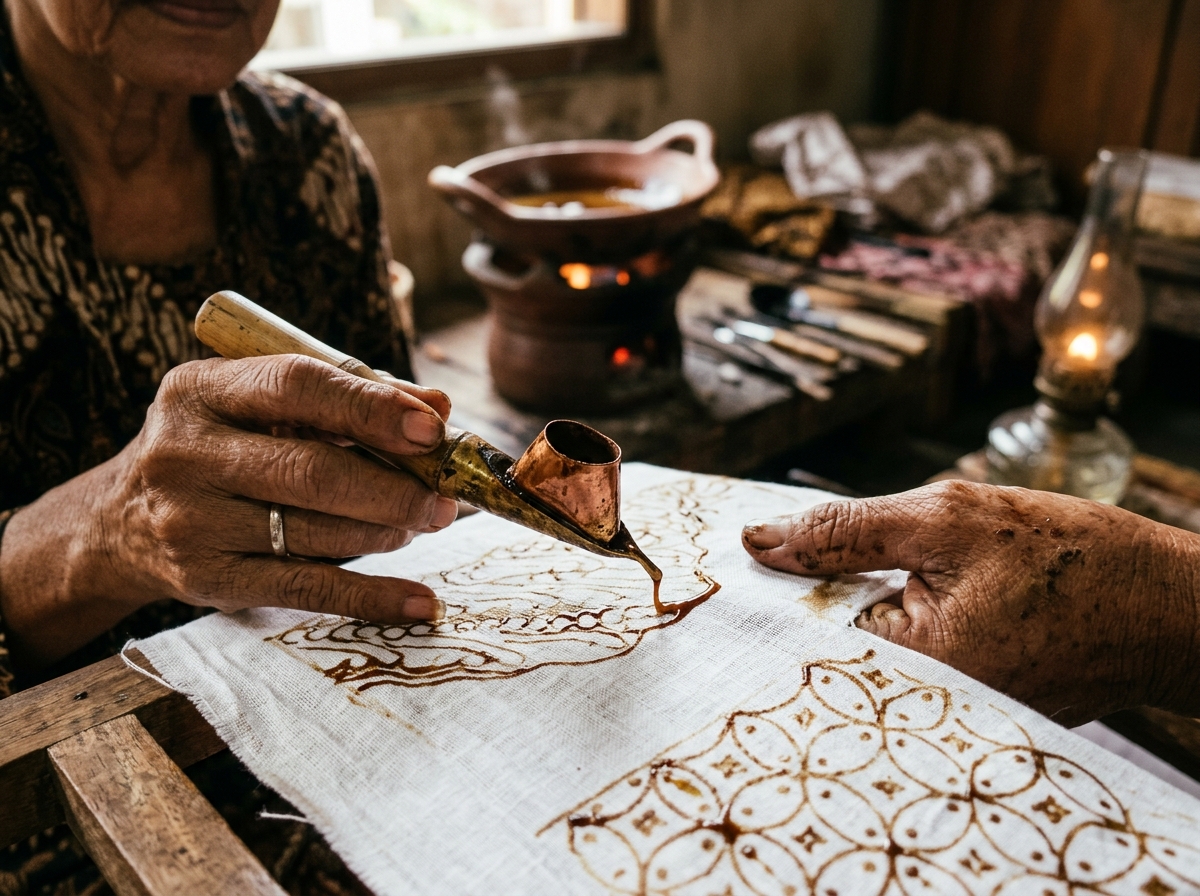 Pengrajin batik KebonBatik melukis malam menggunakan canting tradisional
