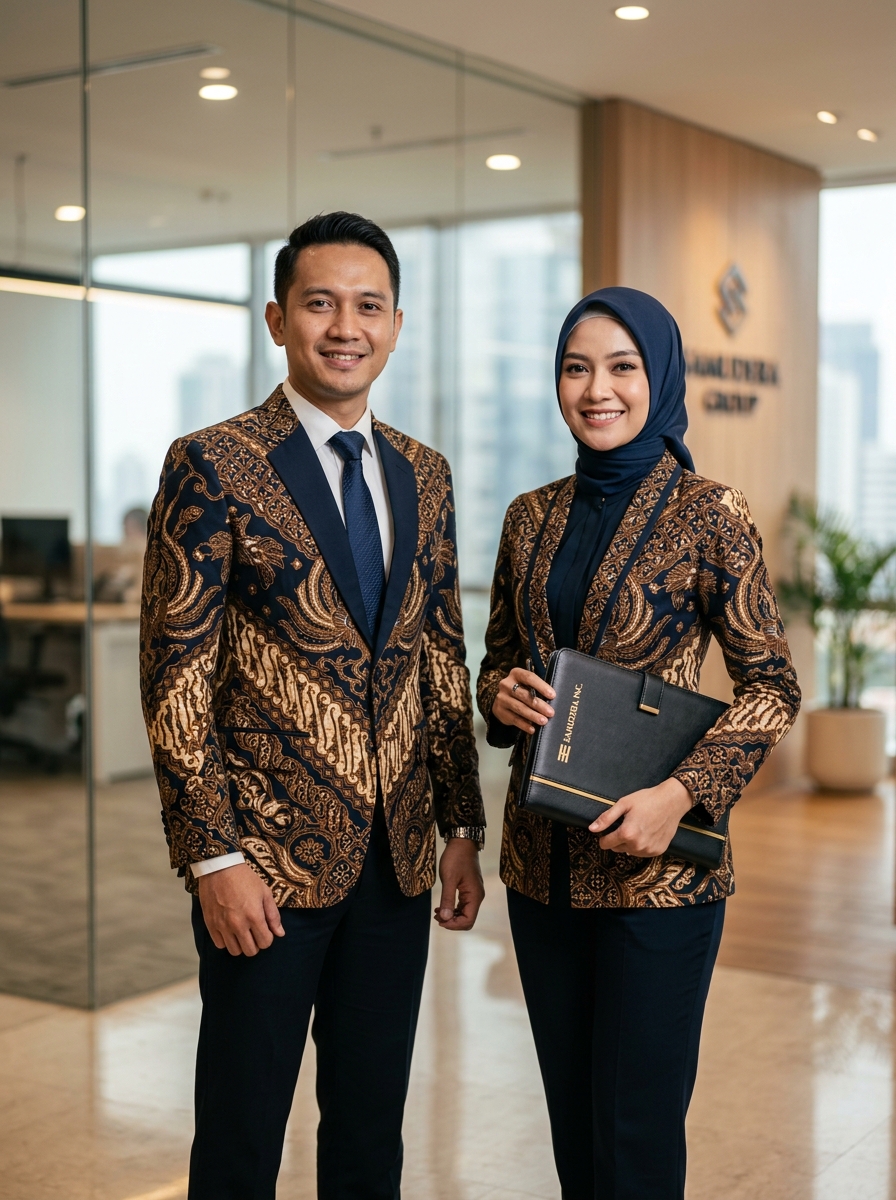 Sepasang profesional mengenakan seragam batik custom eksklusif KebonBatik